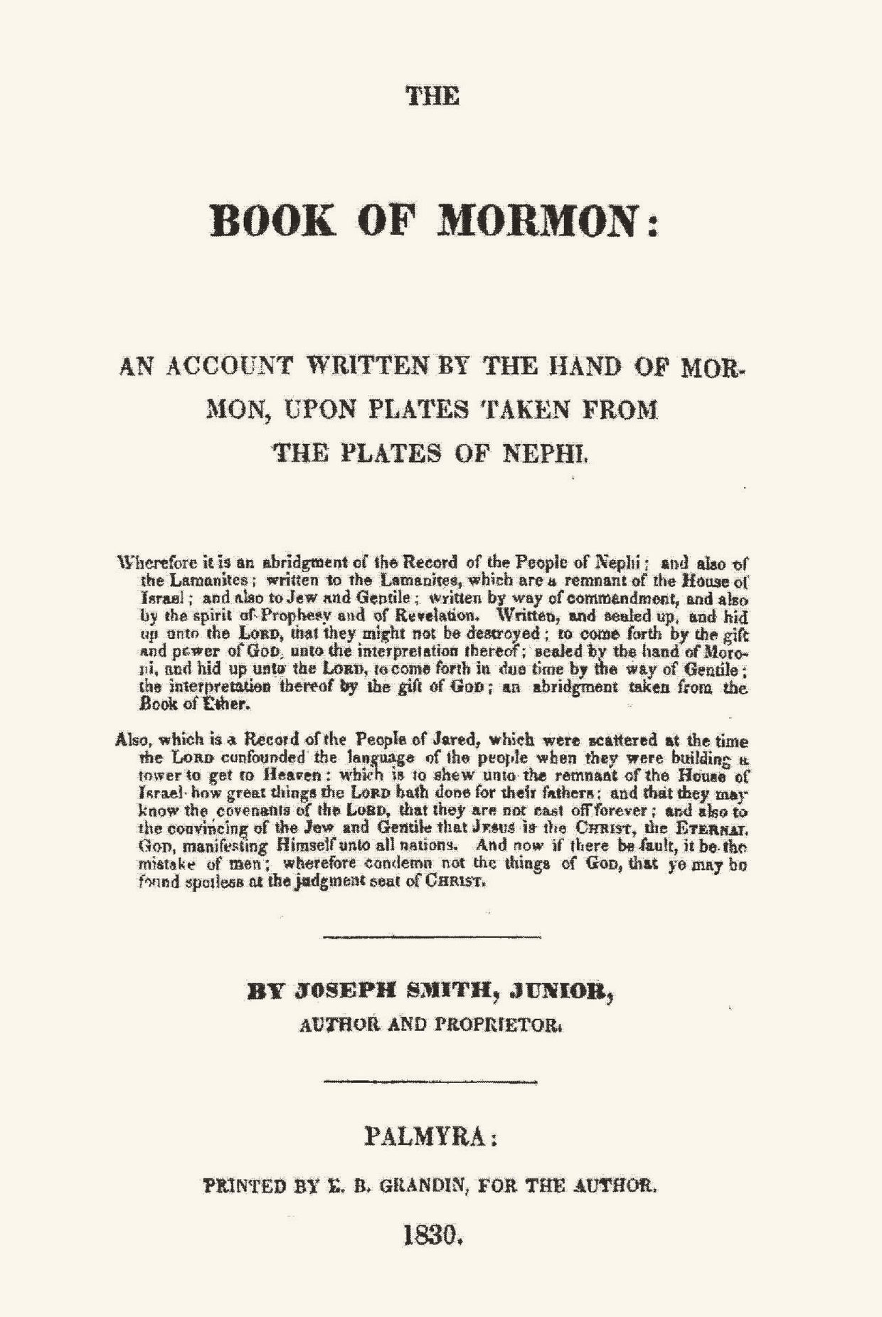 Title page of the 1830 Book of Mormon